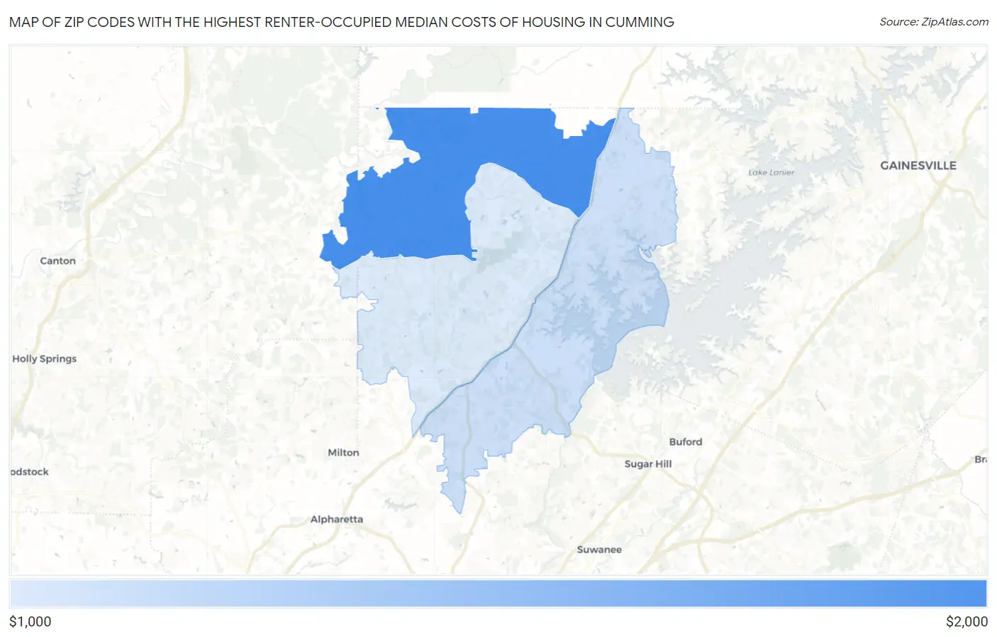 Zip Codes with the Highest Renter-Occupied Median Costs of Housing in Cumming Map