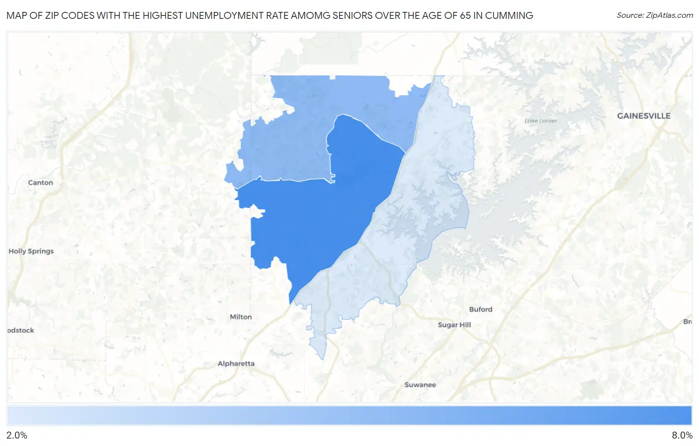Zip Codes with the Highest Unemployment Rate Amomg Seniors Over the Age of 65 in Cumming Map