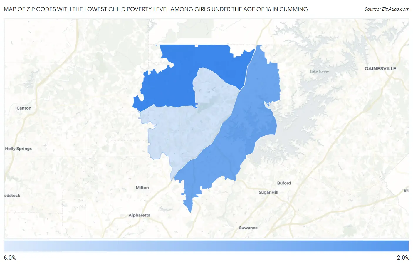 Zip Codes with the Lowest Child Poverty Level Among Girls Under the Age of 16 in Cumming Map