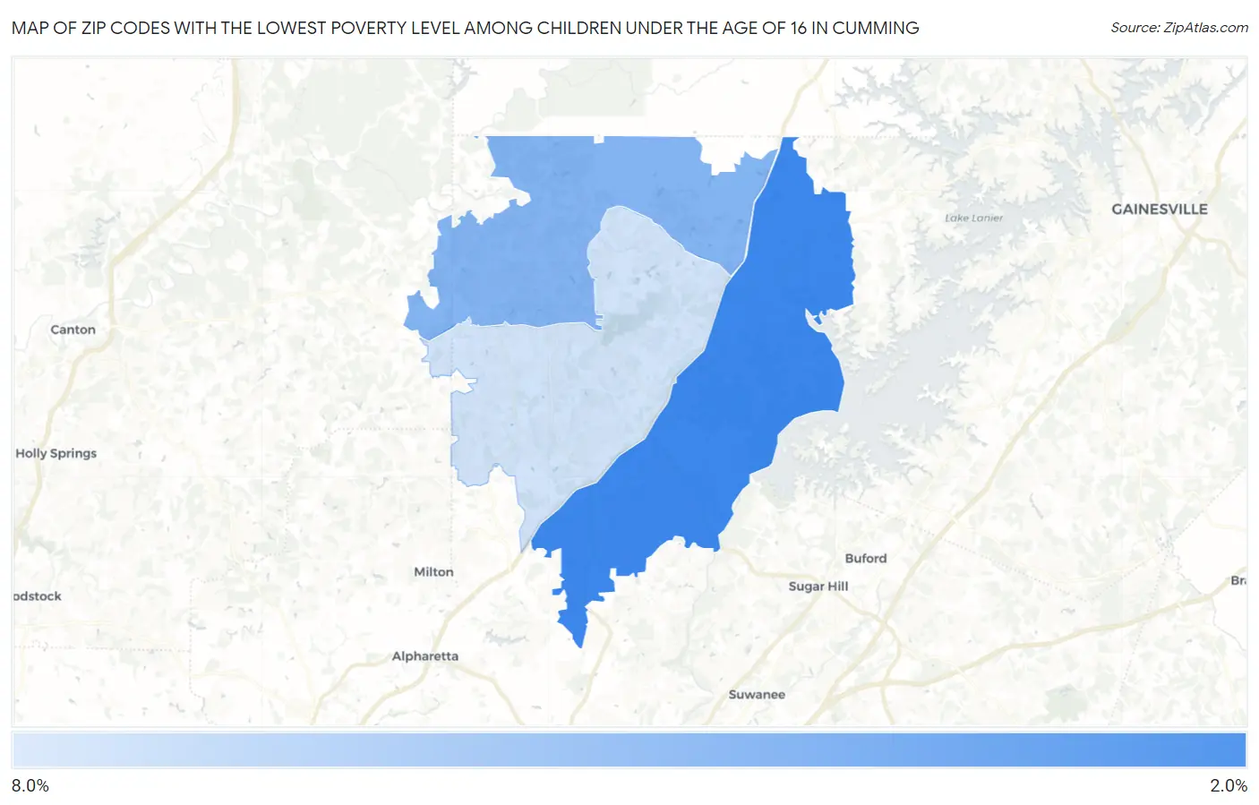 Zip Codes with the Lowest Poverty Level Among Children Under the Age of 16 in Cumming Map