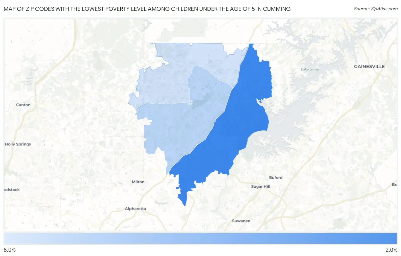 Zip Codes with the Lowest Poverty Level Among Children Under the Age of 5 in Cumming Map