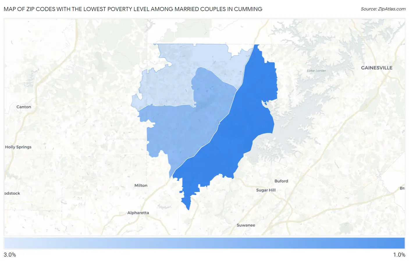 Zip Codes with the Lowest Poverty Level Among Married Couples in Cumming Map