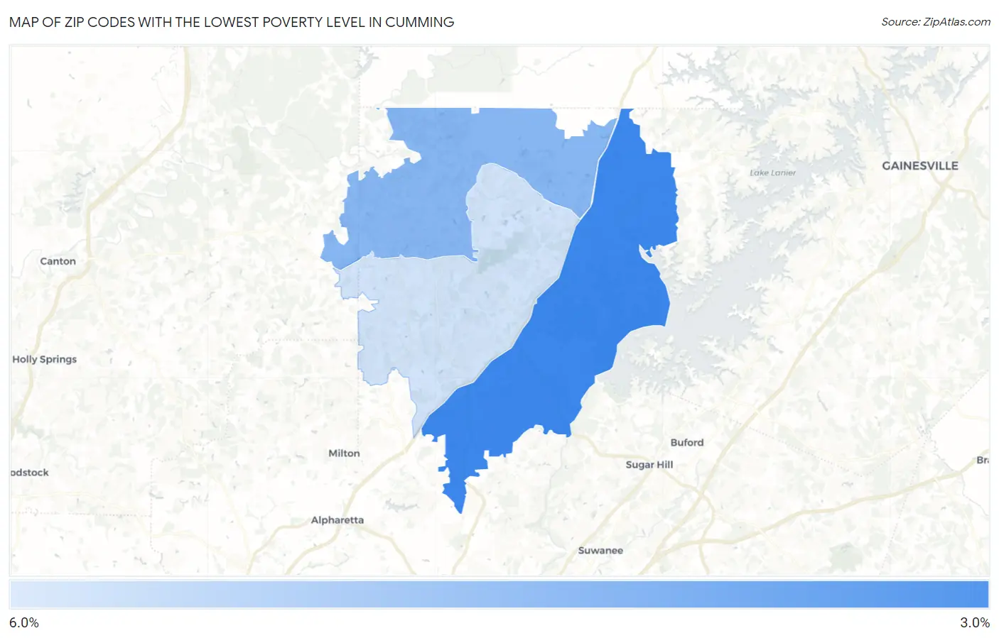 Zip Codes with the Lowest Poverty Level in Cumming Map