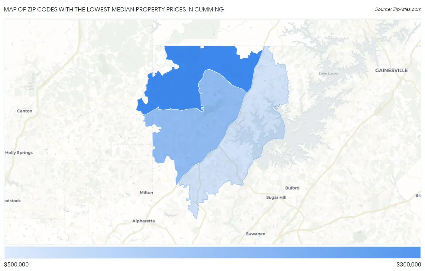Zip Codes with the Lowest Median Property Prices in Cumming Map