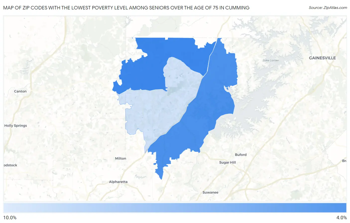 Zip Codes with the Lowest Poverty Level Among Seniors Over the Age of 75 in Cumming Map