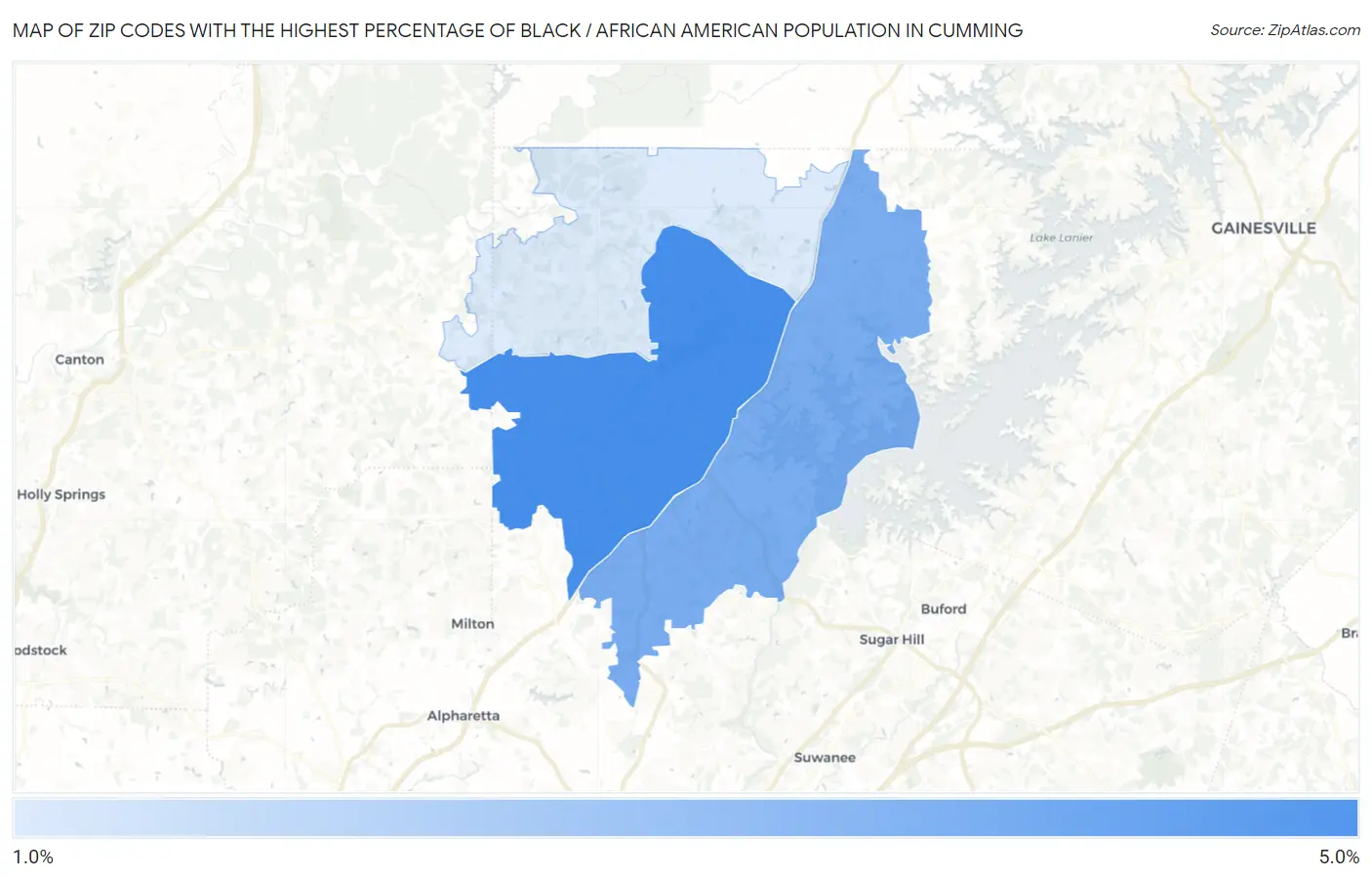 Zip Codes with the Highest Percentage of Black / African American Population in Cumming Map