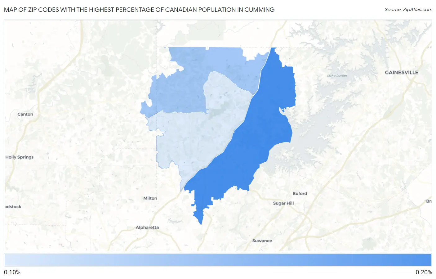 Zip Codes with the Highest Percentage of Canadian Population in Cumming Map