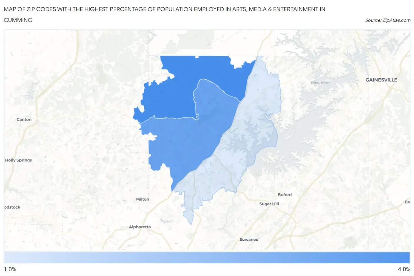 Zip Codes with the Highest Percentage of Population Employed in Arts, Media & Entertainment in Cumming Map