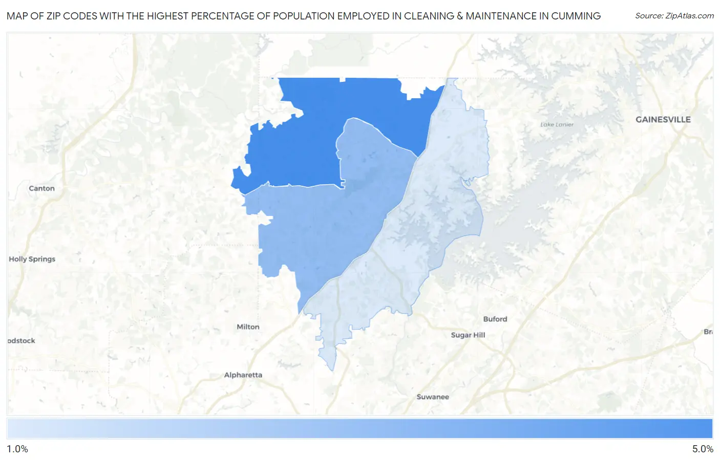 Zip Codes with the Highest Percentage of Population Employed in Cleaning & Maintenance in Cumming Map