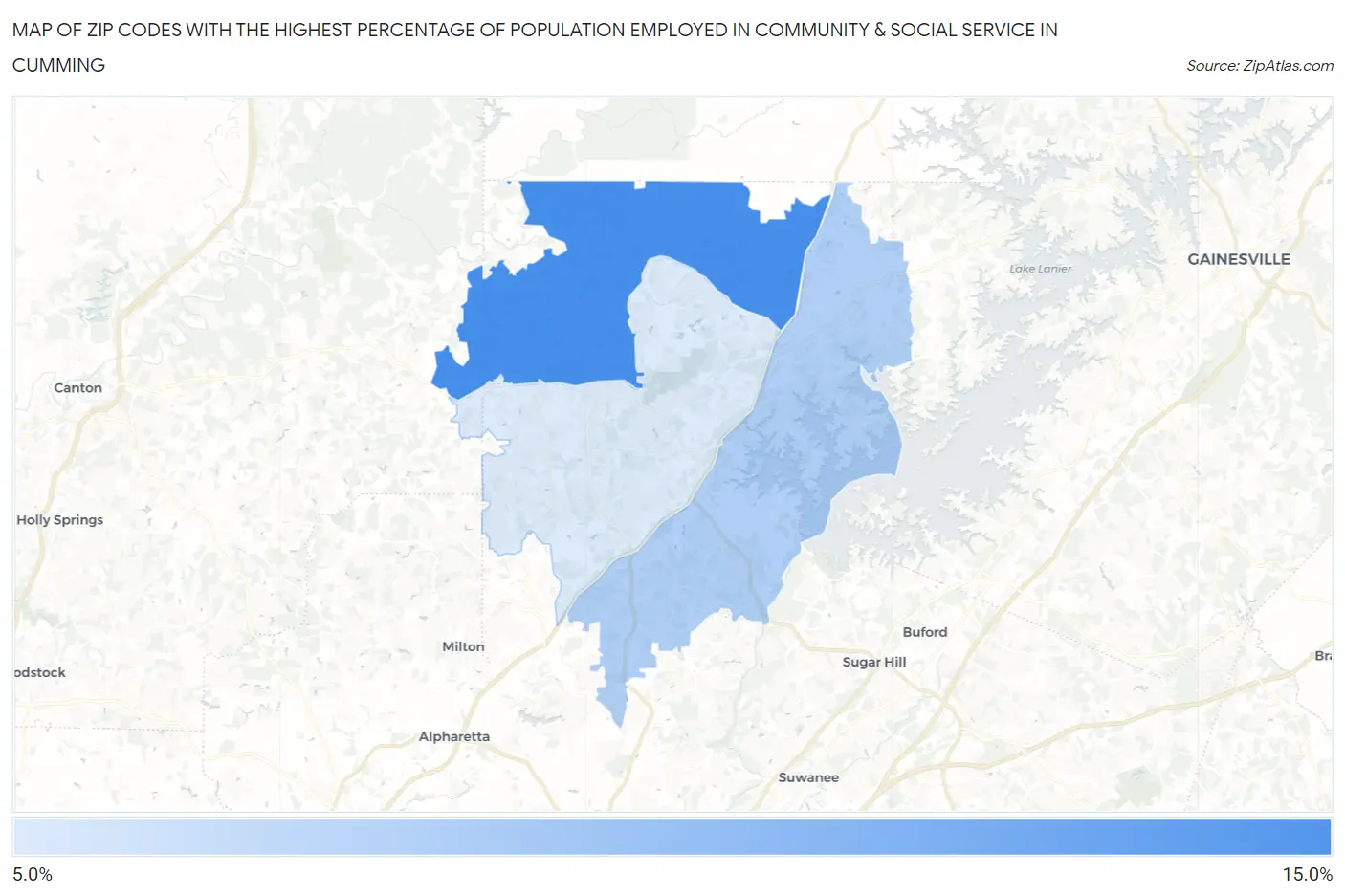 Zip Codes with the Highest Percentage of Population Employed in Community & Social Service  in Cumming Map
