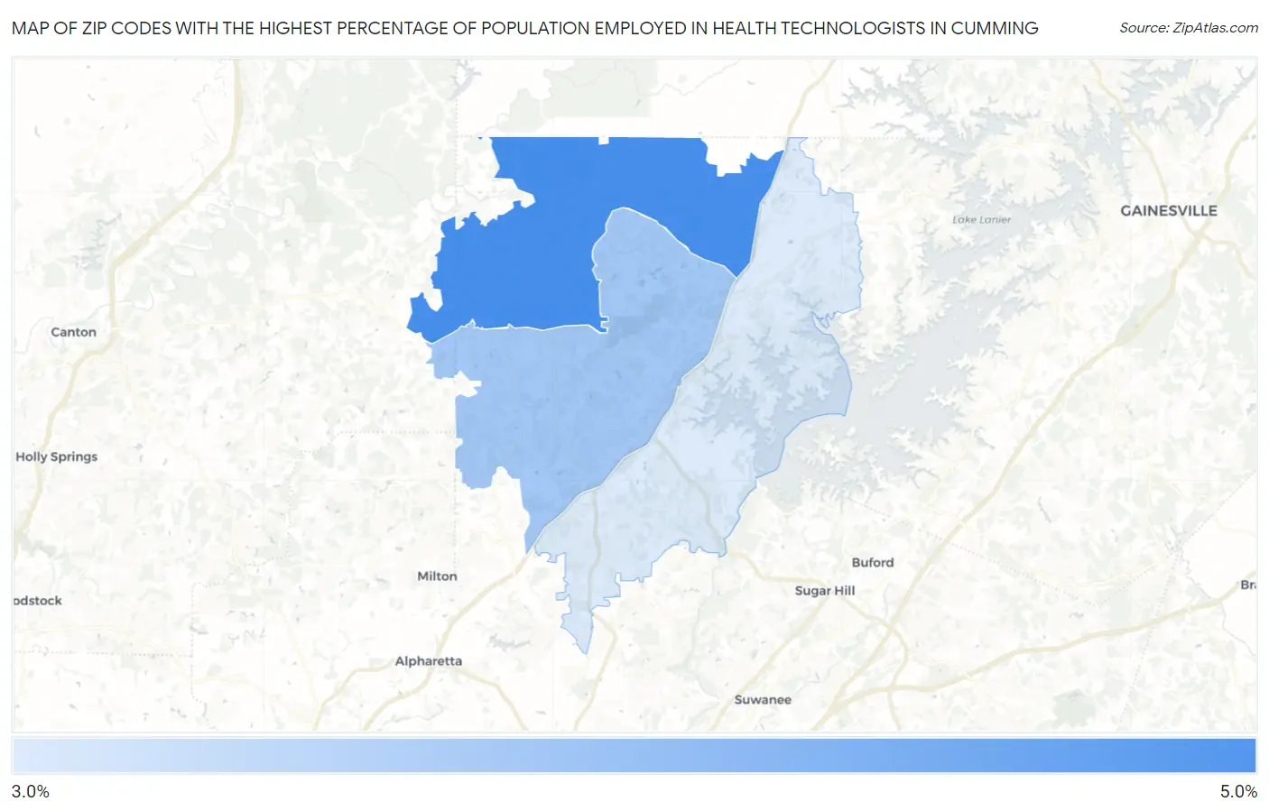 Zip Codes with the Highest Percentage of Population Employed in Health Technologists in Cumming Map