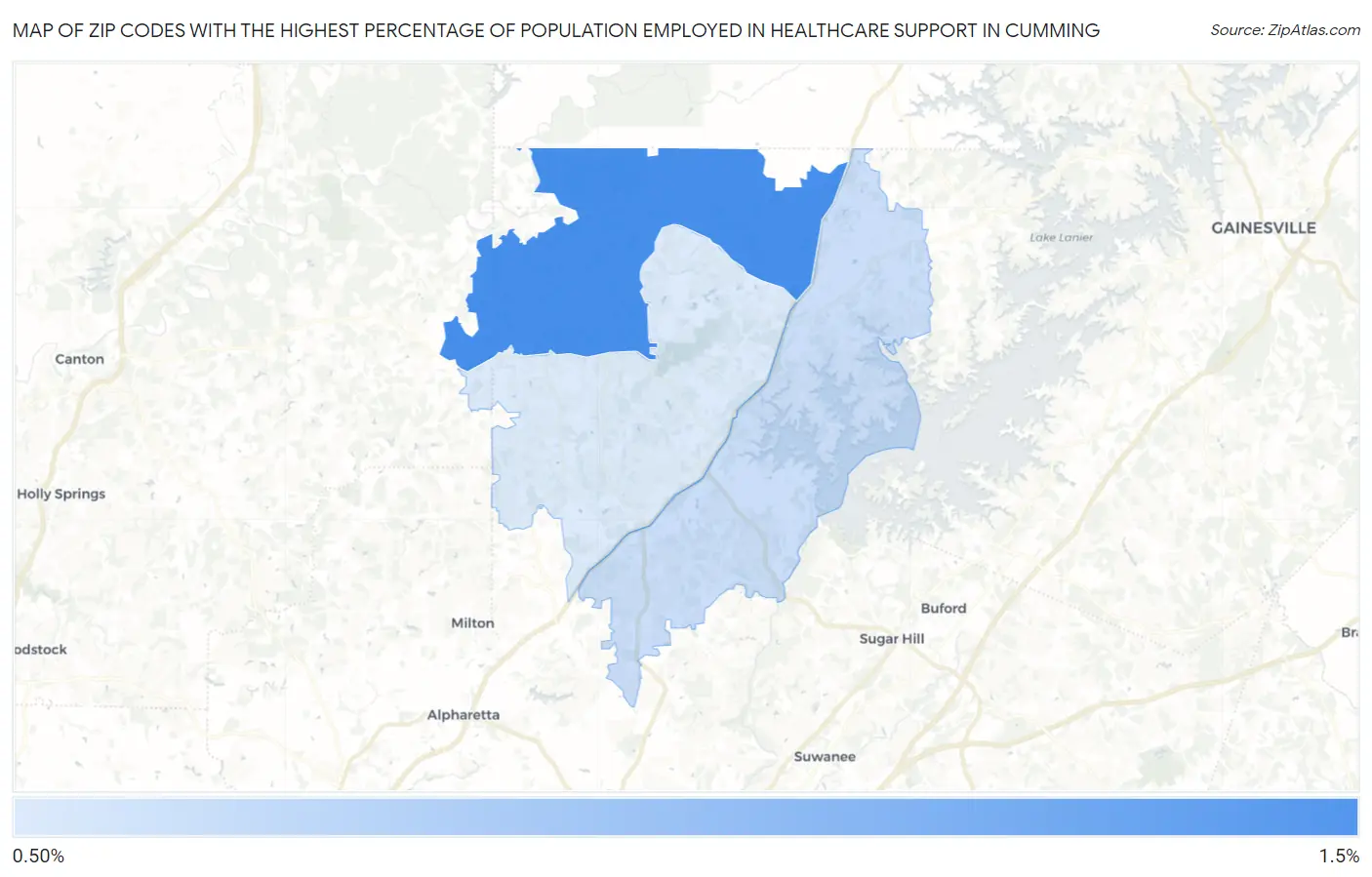 Zip Codes with the Highest Percentage of Population Employed in Healthcare Support in Cumming Map