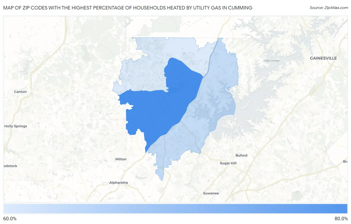 Zip Codes with the Highest Percentage of Households Heated by Utility Gas in Cumming Map