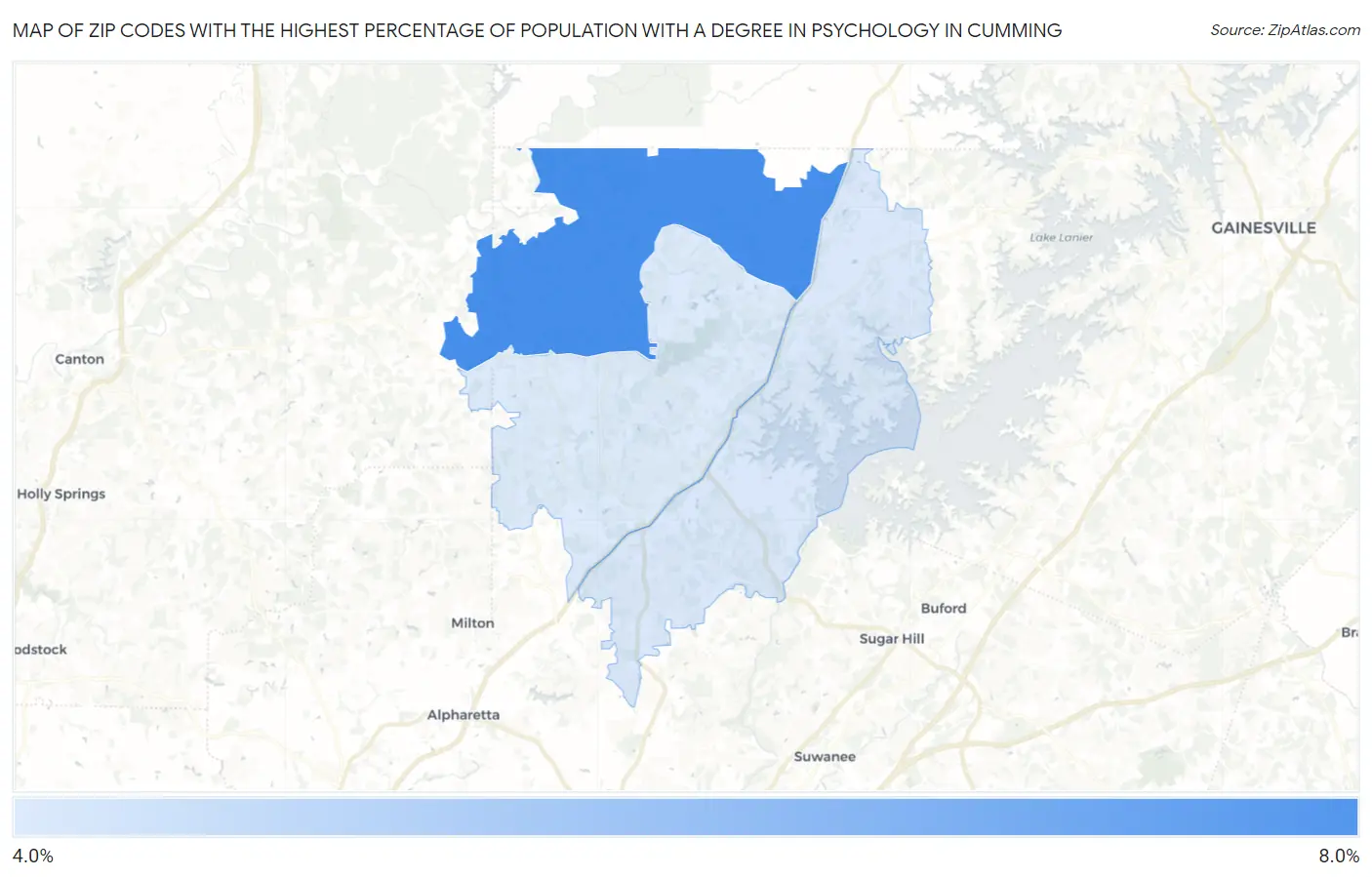 Zip Codes with the Highest Percentage of Population with a Degree in Psychology in Cumming Map
