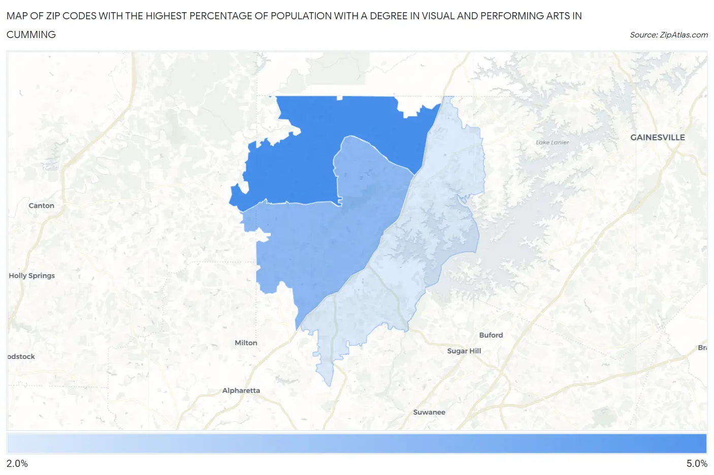 Zip Codes with the Highest Percentage of Population with a Degree in Visual and Performing Arts in Cumming Map