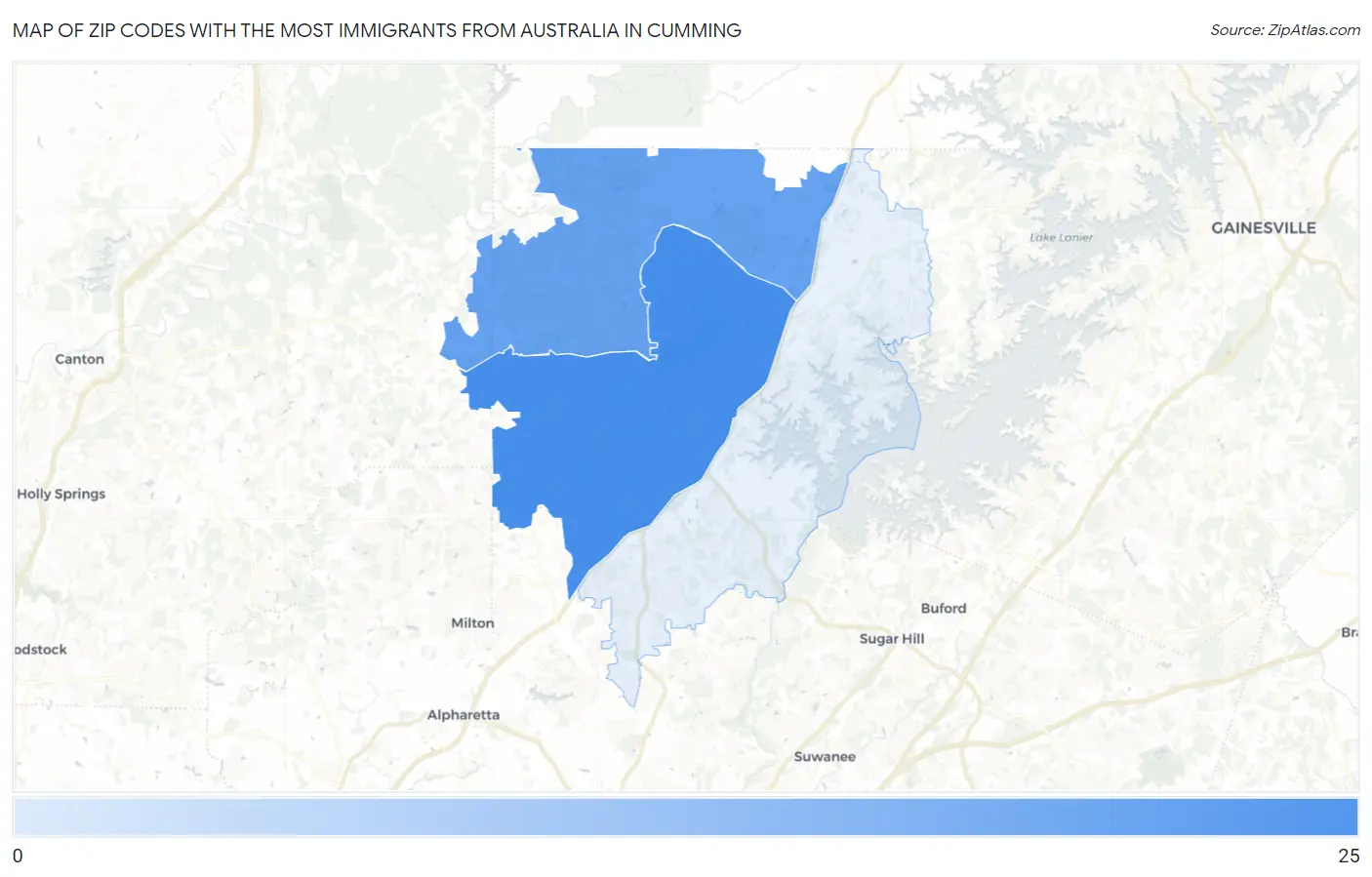 Zip Codes with the Most Immigrants from Australia in Cumming Map