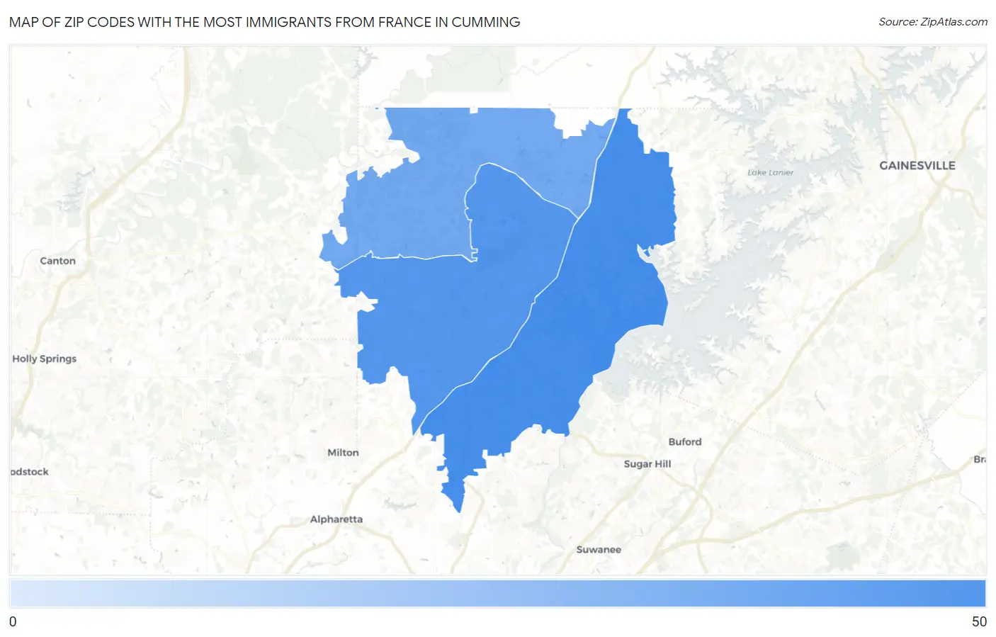 Zip Codes with the Most Immigrants from France in Cumming Map