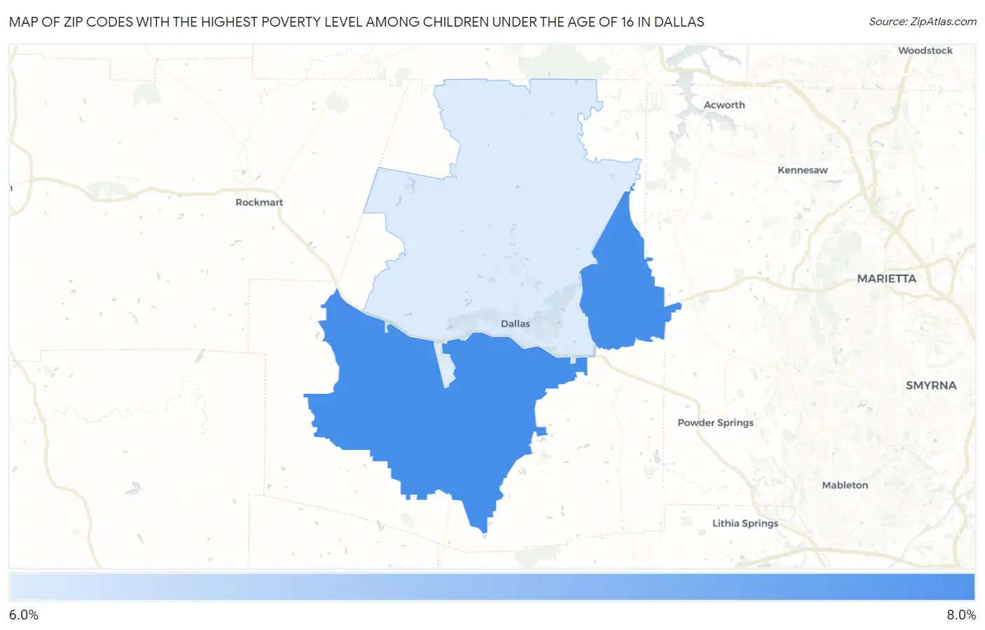 Zip Codes with the Highest Poverty Level Among Children Under the Age of 16 in Dallas Map