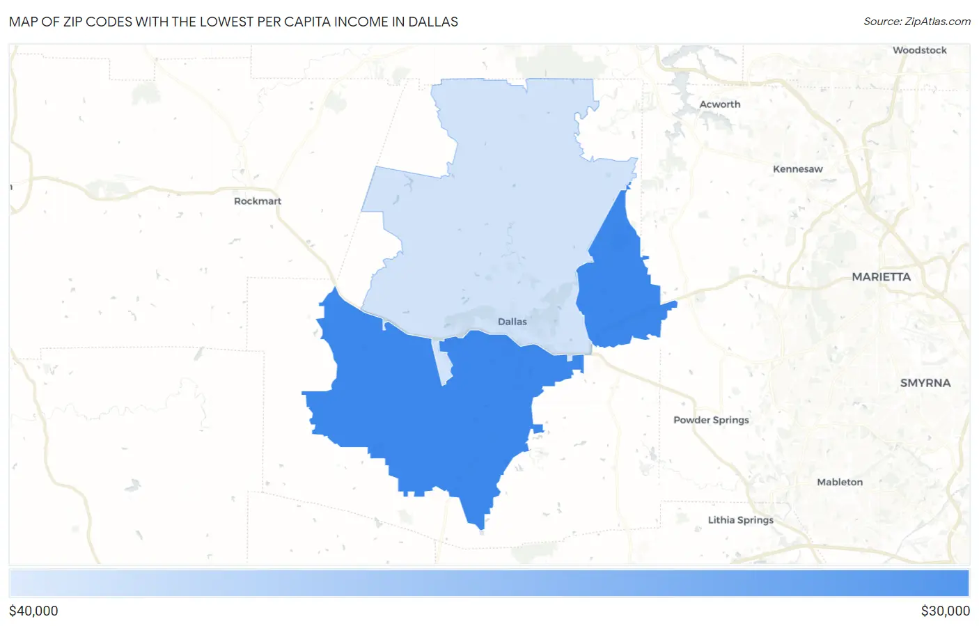 Zip Codes with the Lowest Per Capita Income in Dallas Map