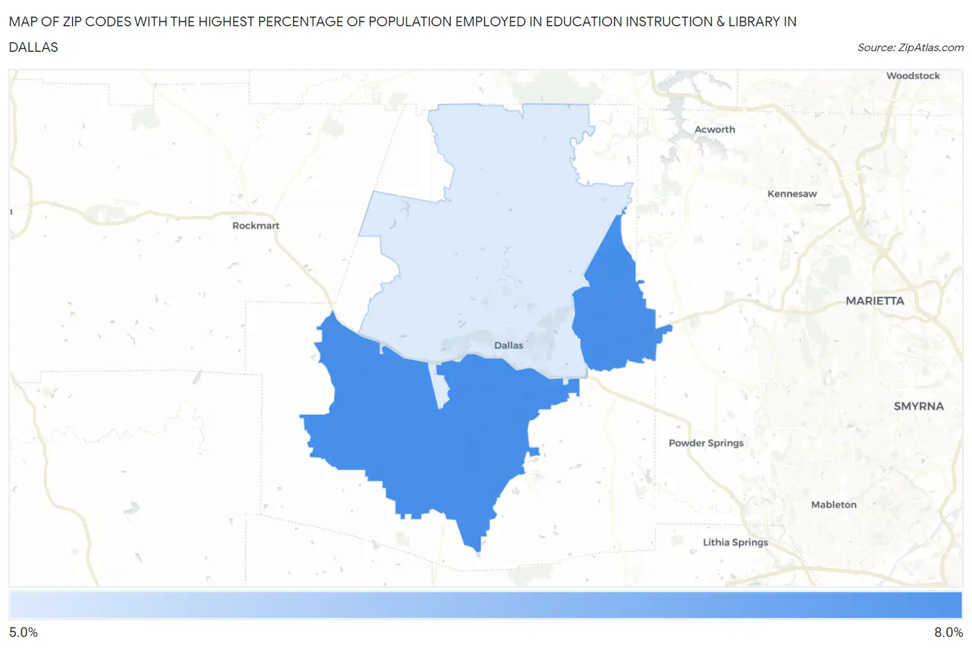 Zip Codes with the Highest Percentage of Population Employed in Education Instruction & Library in Dallas Map