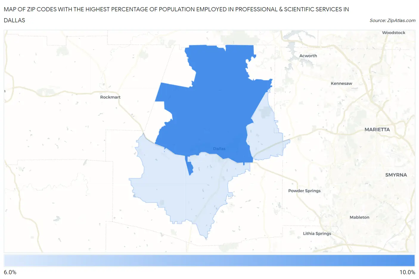 Zip Codes with the Highest Percentage of Population Employed in Professional & Scientific Services in Dallas Map