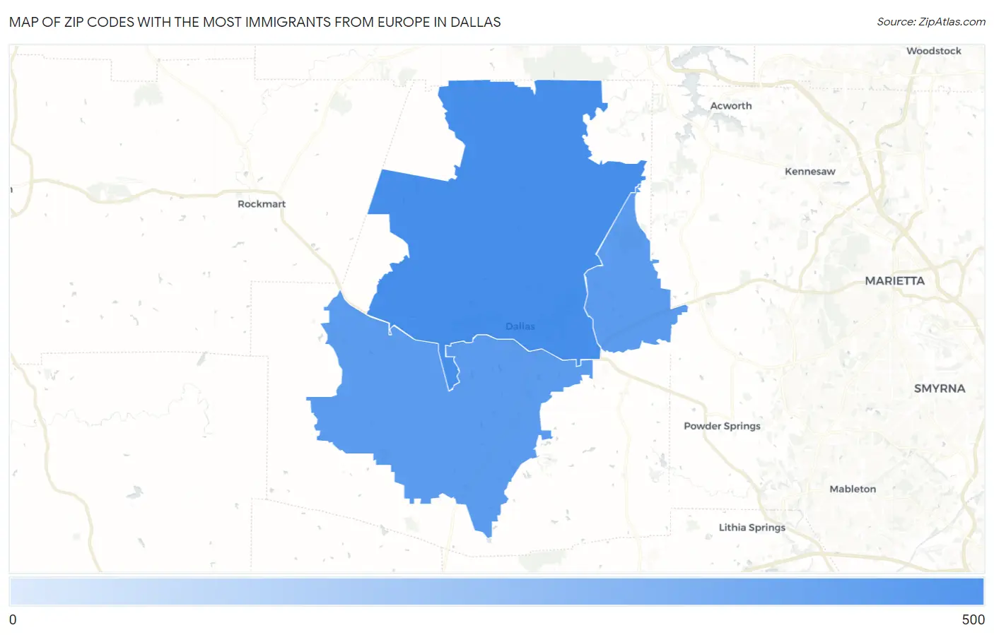 Zip Codes with the Most Immigrants from Europe in Dallas Map