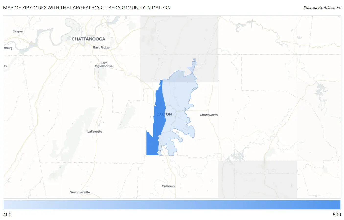 Zip Codes with the Largest Scottish Community in Dalton Map