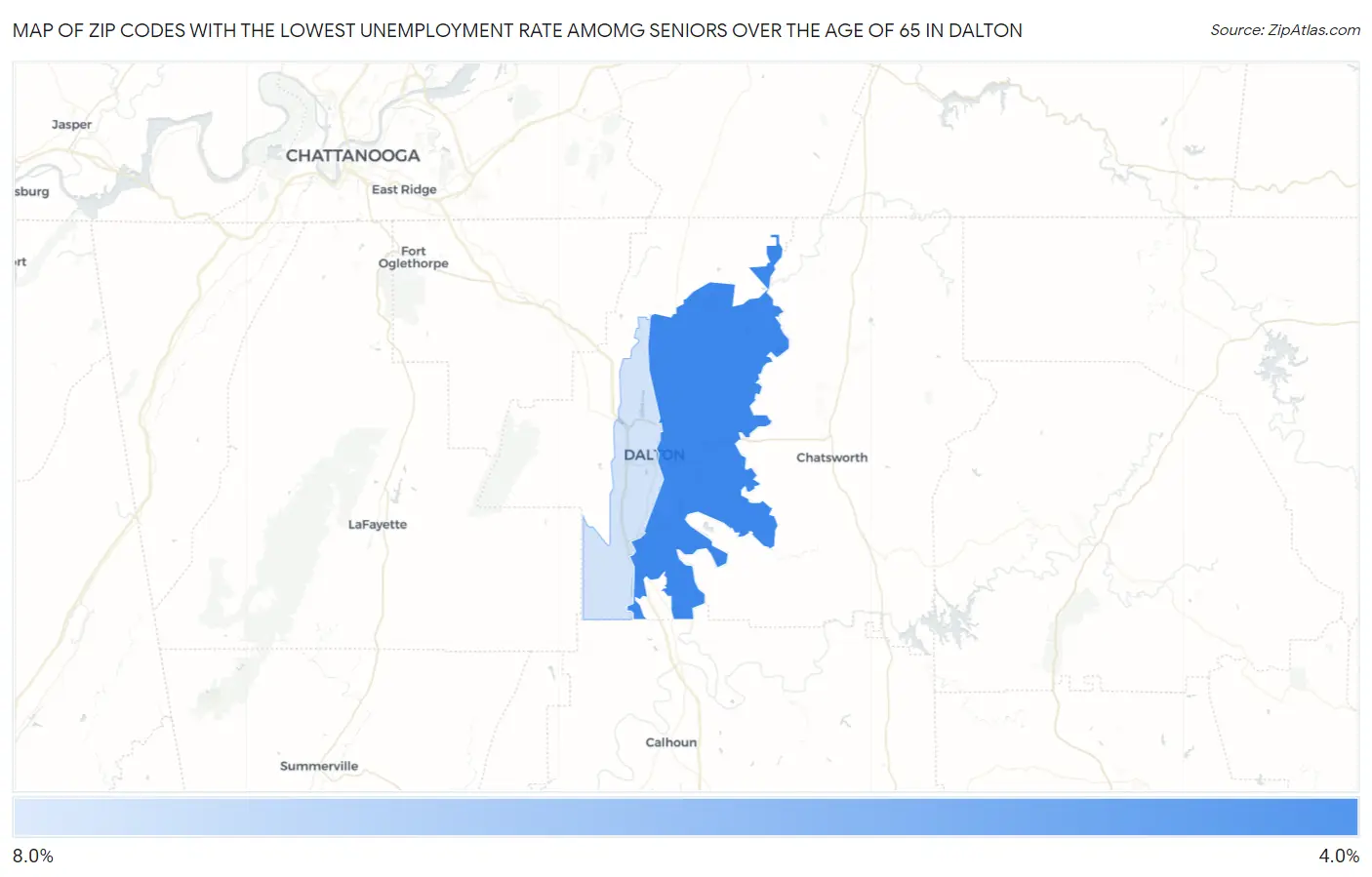 Zip Codes with the Lowest Unemployment Rate Amomg Seniors Over the Age of 65 in Dalton Map