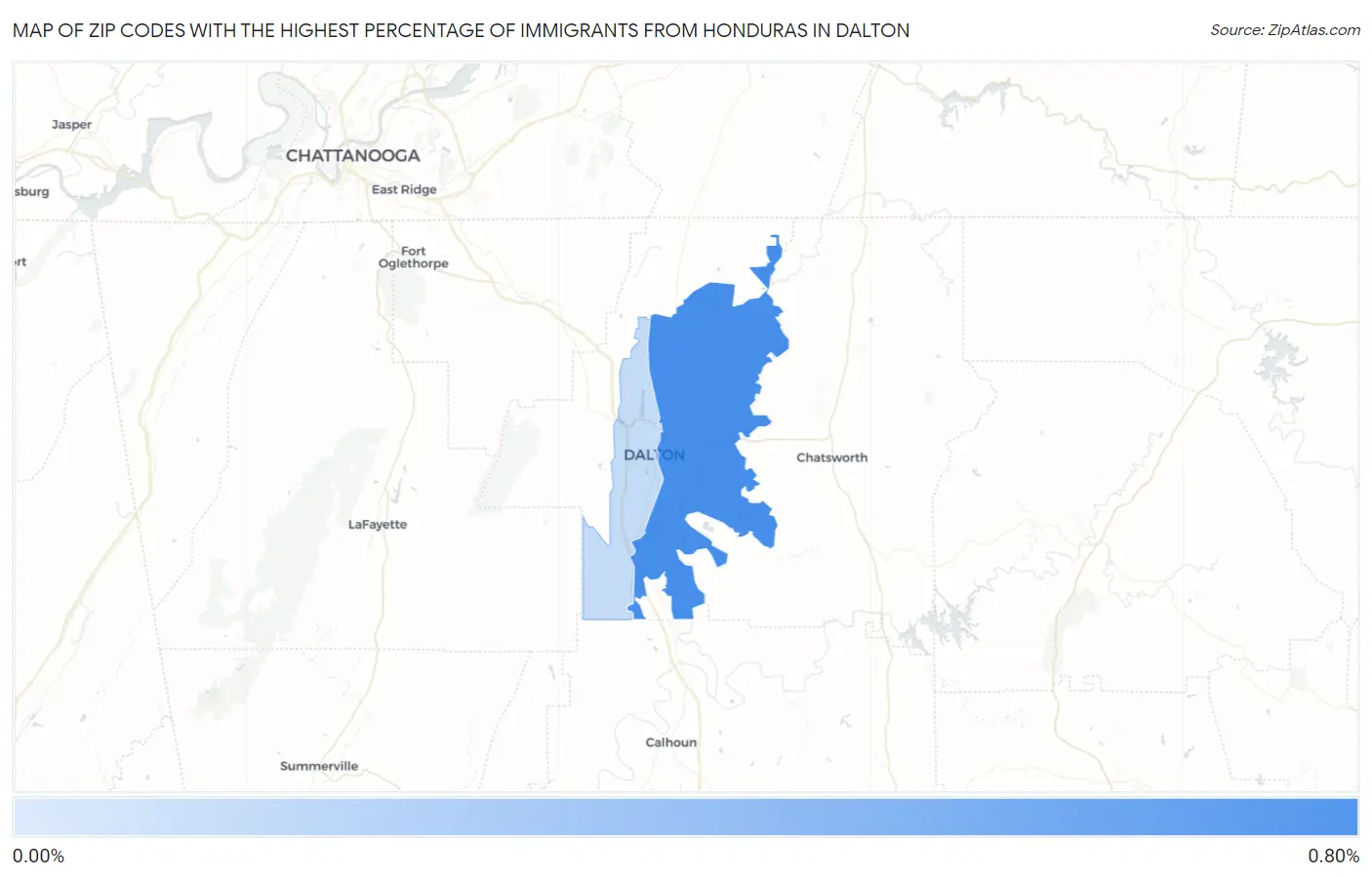 Zip Codes with the Highest Percentage of Immigrants from Honduras in Dalton Map