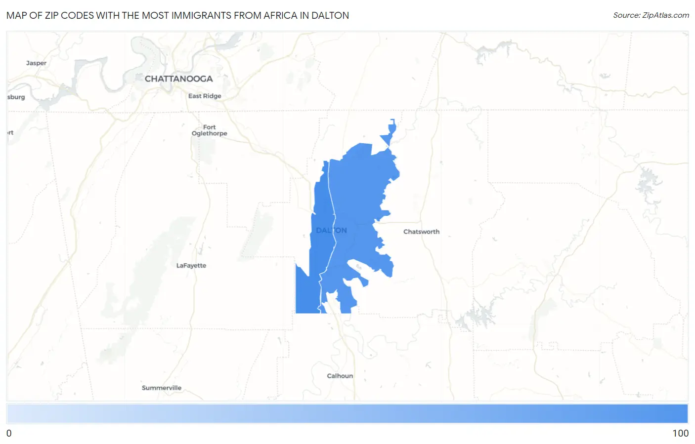 Zip Codes with the Most Immigrants from Africa in Dalton Map