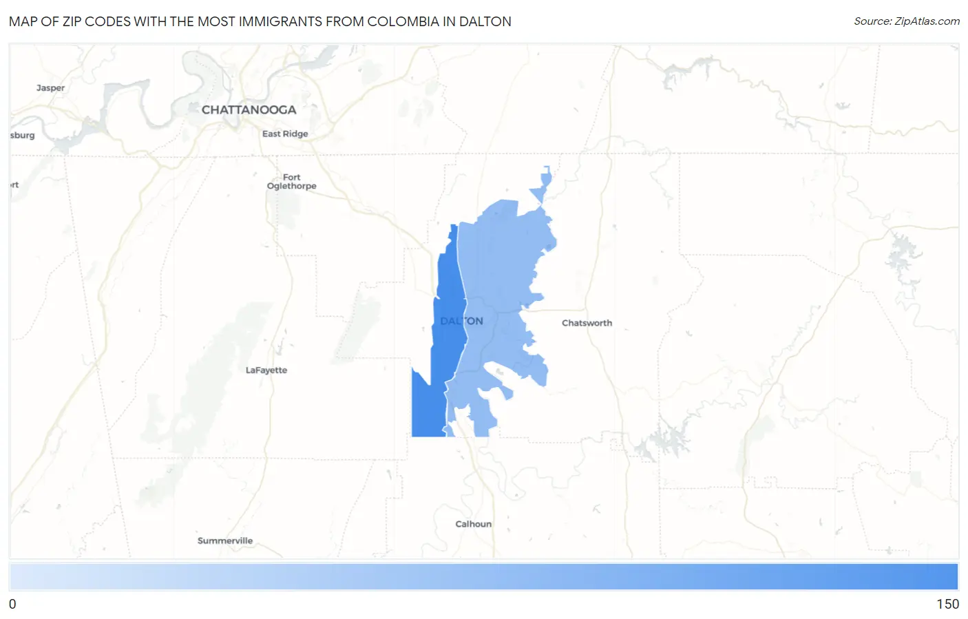 Zip Codes with the Most Immigrants from Colombia in Dalton Map
