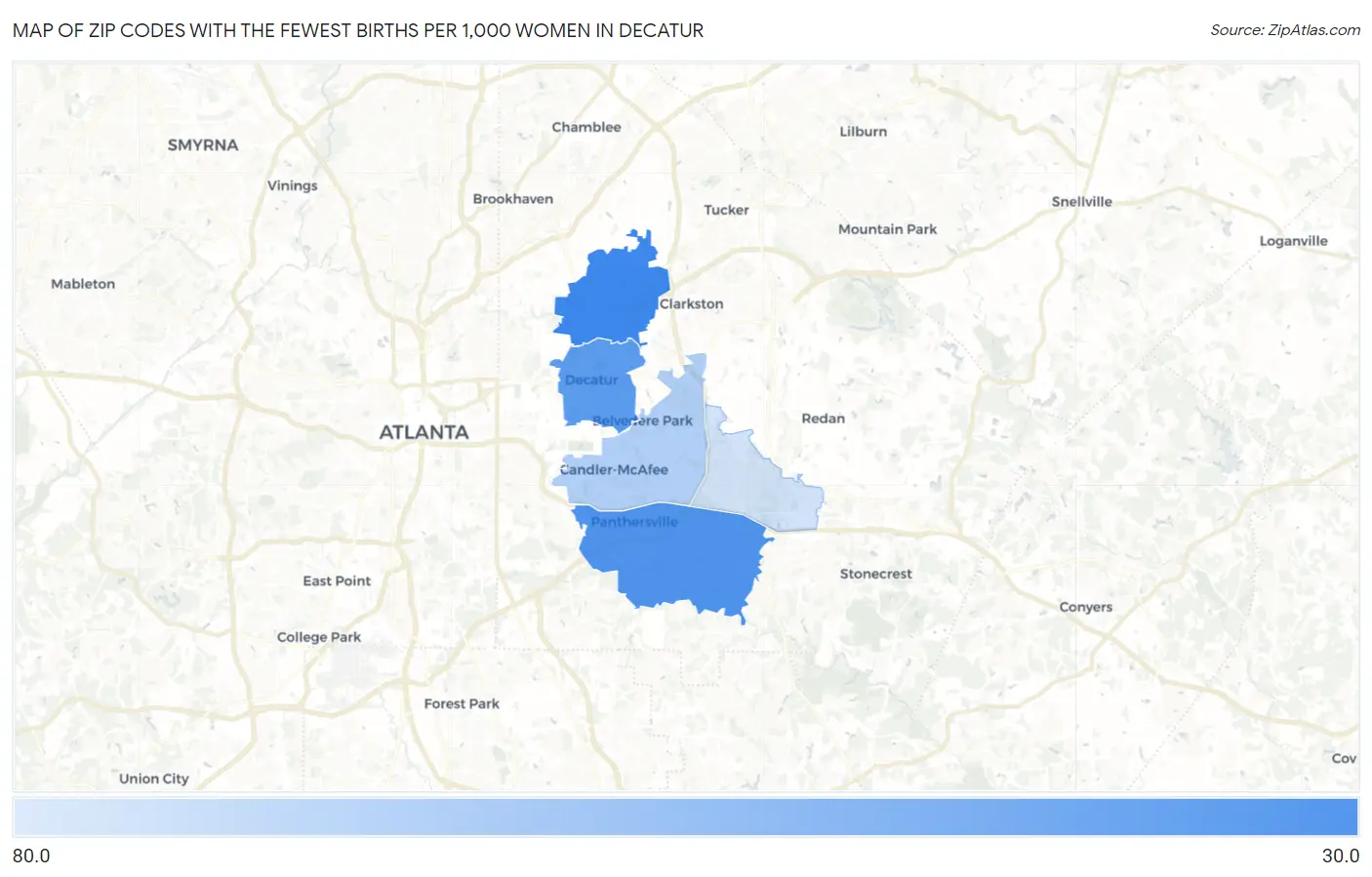 Zip Codes with the Fewest Births per 1,000 Women in Decatur Map