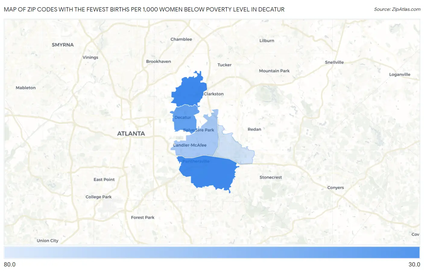 Zip Codes with the Fewest Births per 1,000 Women Below Poverty Level in Decatur Map
