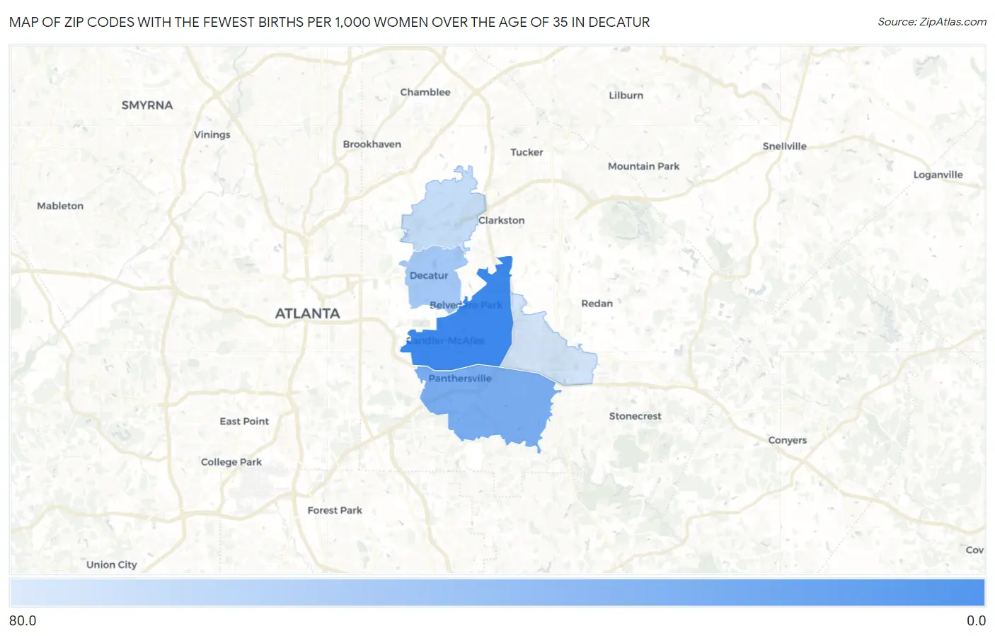Zip Codes with the Fewest Births per 1,000 Women Over the Age of 35 in Decatur Map