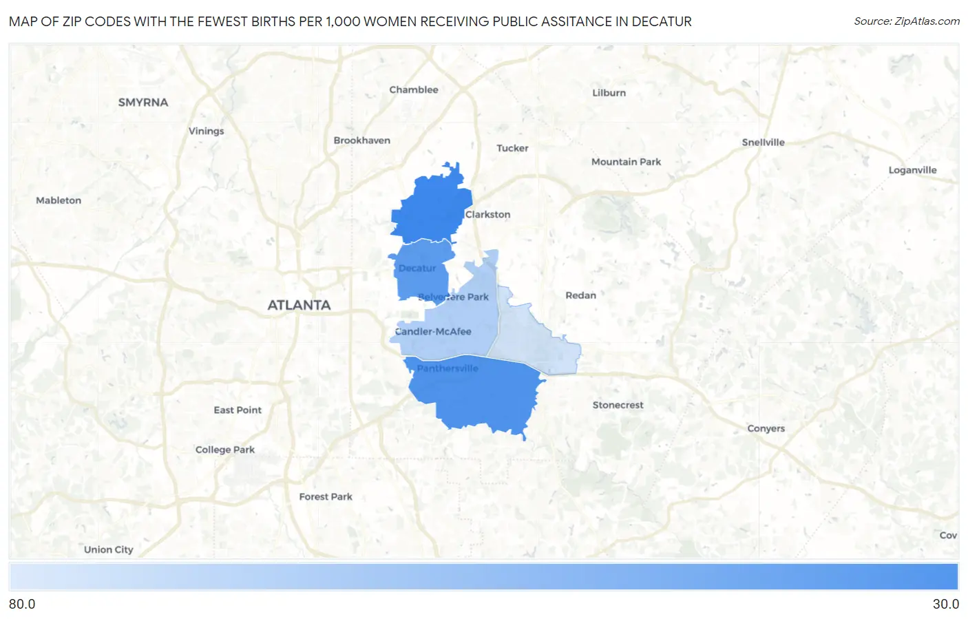 Zip Codes with the Fewest Births per 1,000 Women Receiving Public Assitance in Decatur Map
