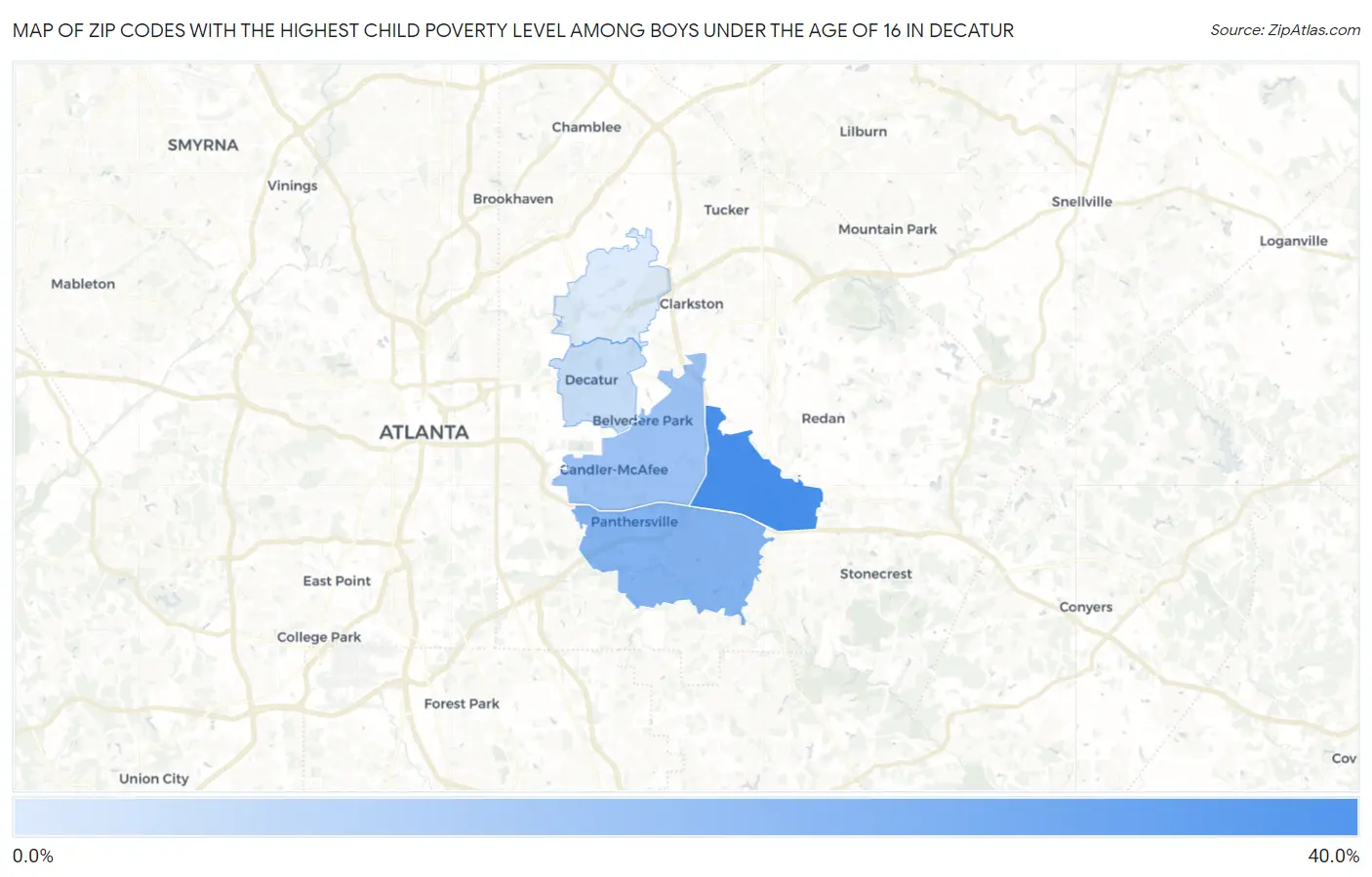 Zip Codes with the Highest Child Poverty Level Among Boys Under the Age of 16 in Decatur Map