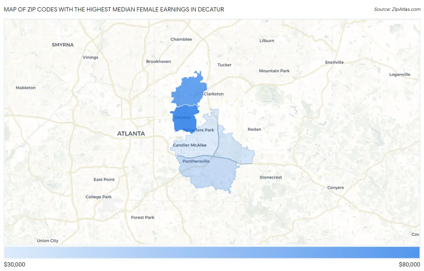 Zip Codes with the Highest Median Female Earnings in Decatur Map