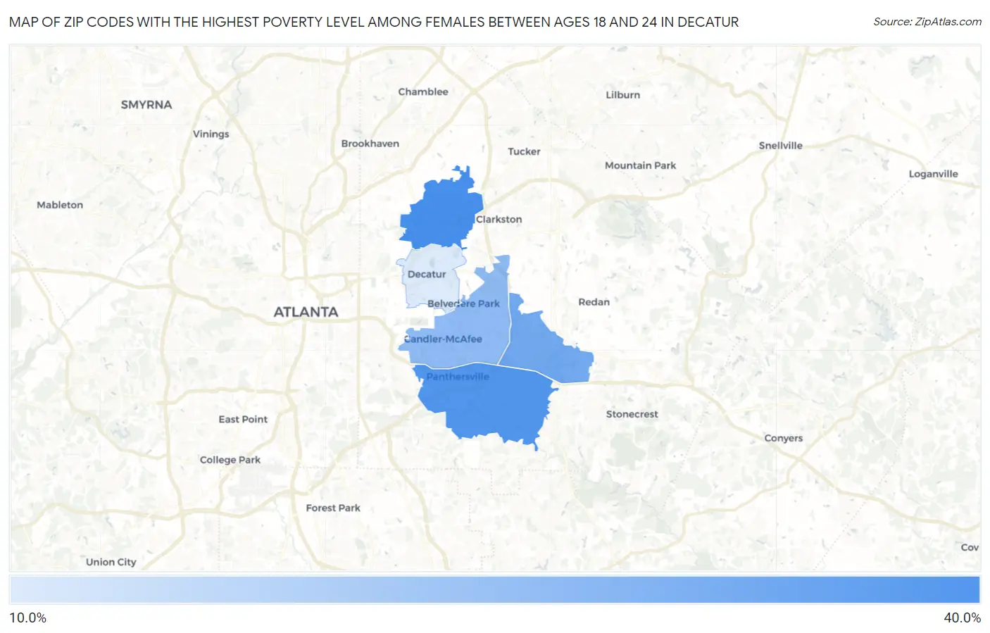 Zip Codes with the Highest Poverty Level Among Females Between Ages 18 and 24 in Decatur Map