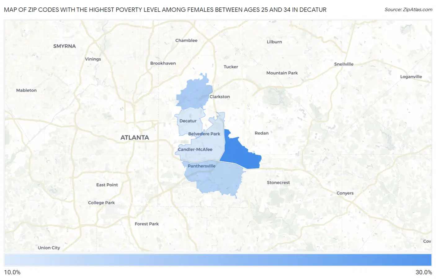 Zip Codes with the Highest Poverty Level Among Females Between Ages 25 and 34 in Decatur Map