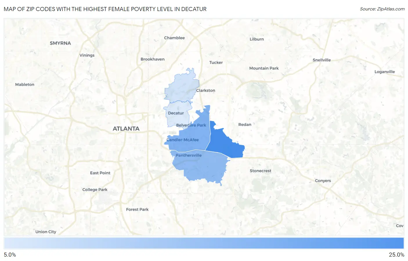 Zip Codes with the Highest Female Poverty Level in Decatur Map