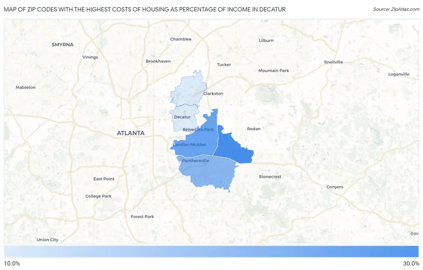 Zip Codes with the Highest Costs of Housing as Percentage of Income in Decatur Map