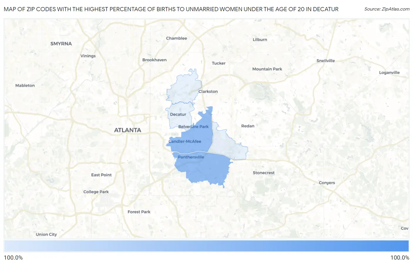 Zip Codes with the Highest Percentage of Births to Unmarried Women under the Age of 20 in Decatur Map