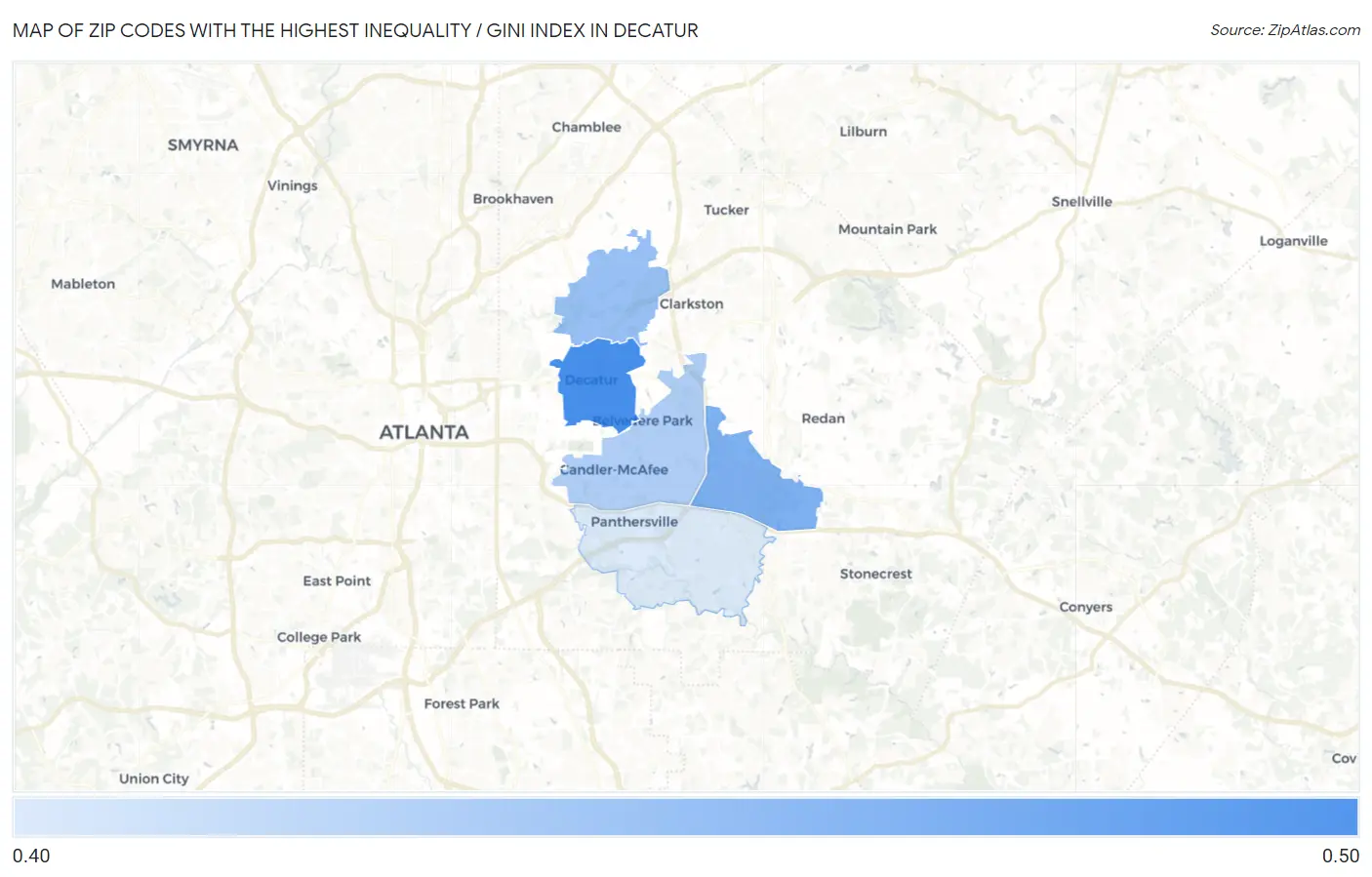 Zip Codes with the Highest Inequality / Gini Index in Decatur Map
