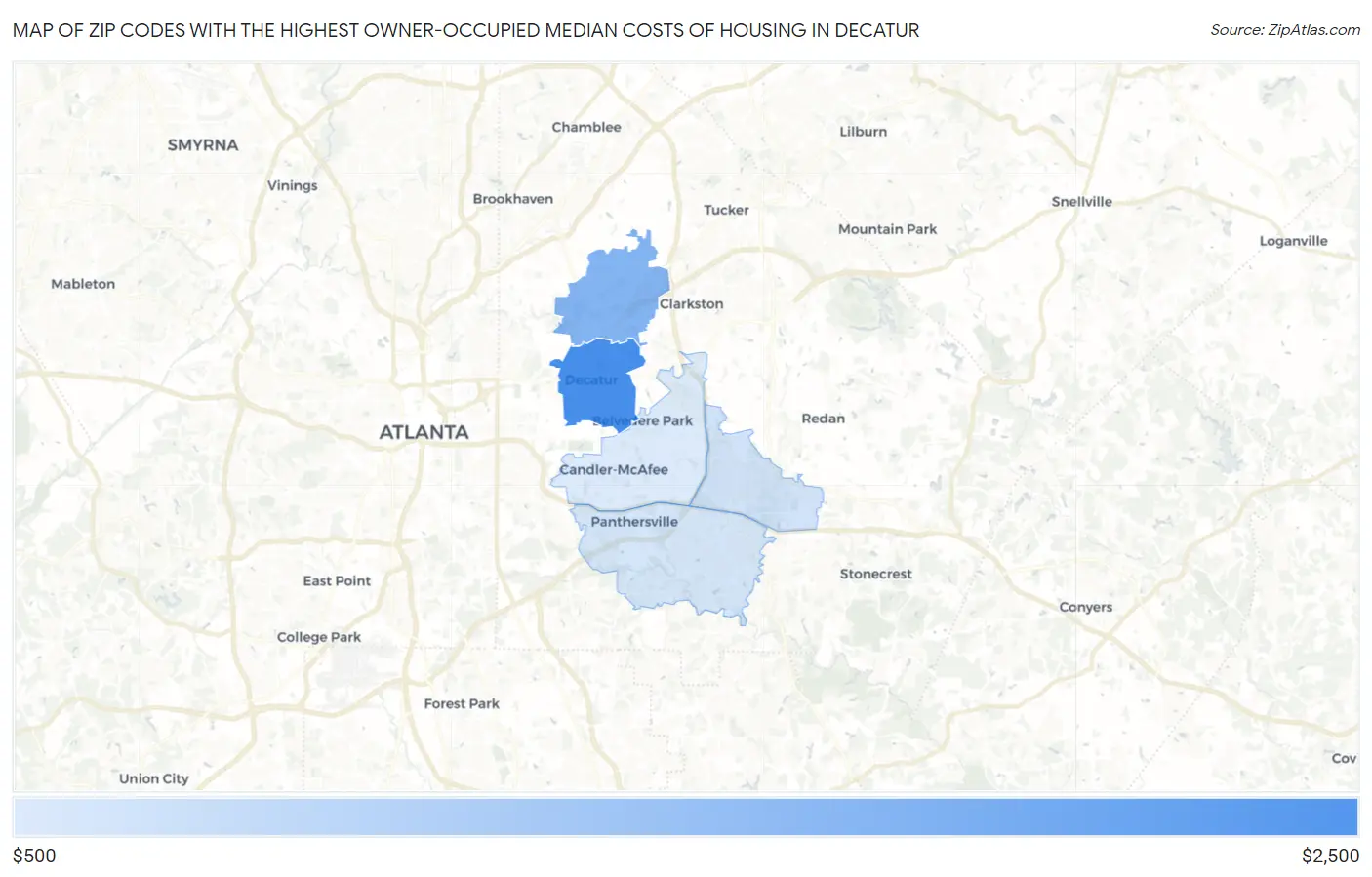 Zip Codes with the Highest Owner-Occupied Median Costs of Housing in Decatur Map