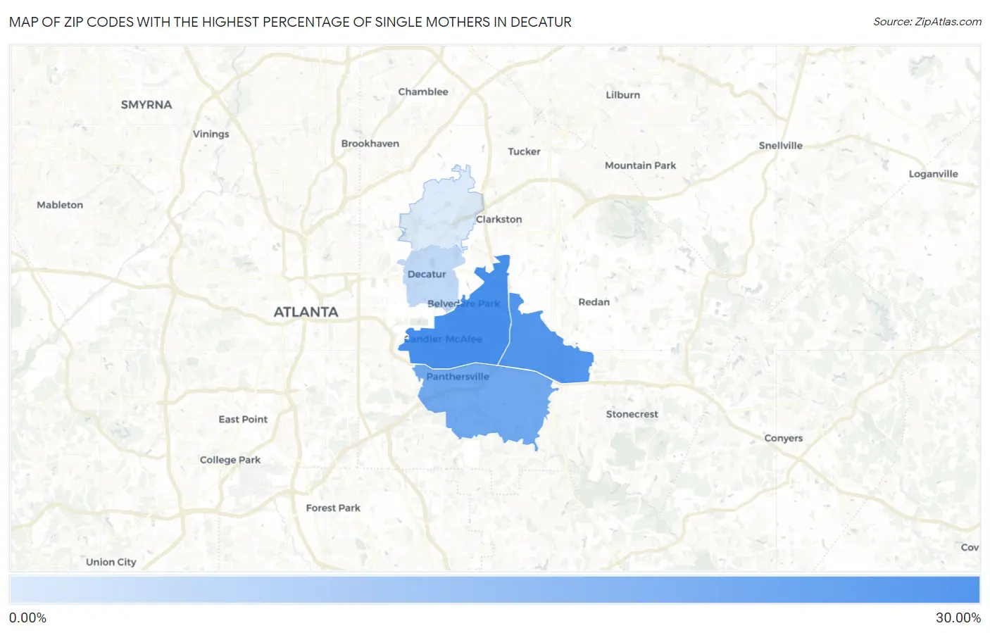 Zip Codes with the Highest Percentage of Single Mothers in Decatur Map