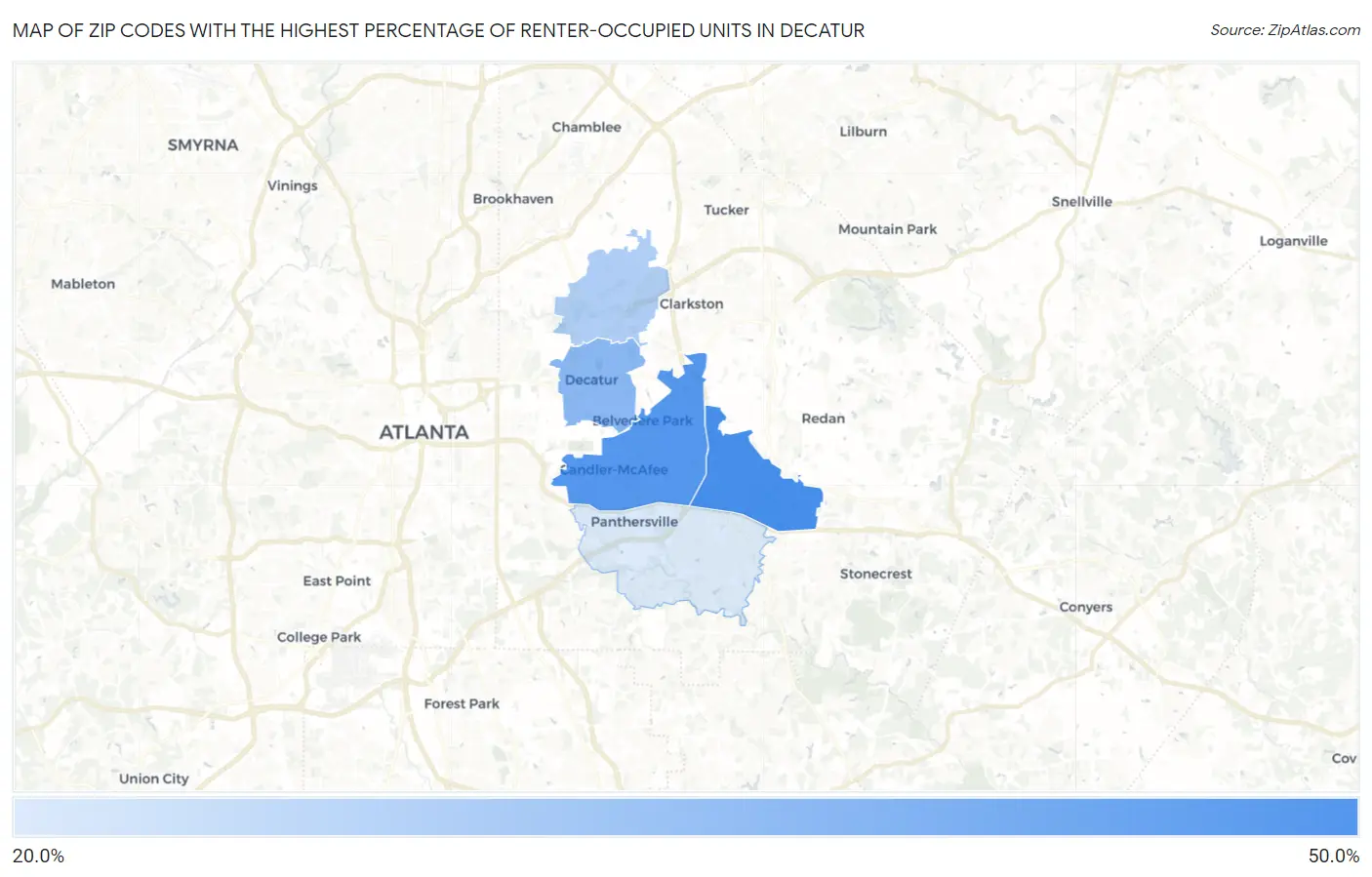Zip Codes with the Highest Percentage of Renter-Occupied Units in Decatur Map