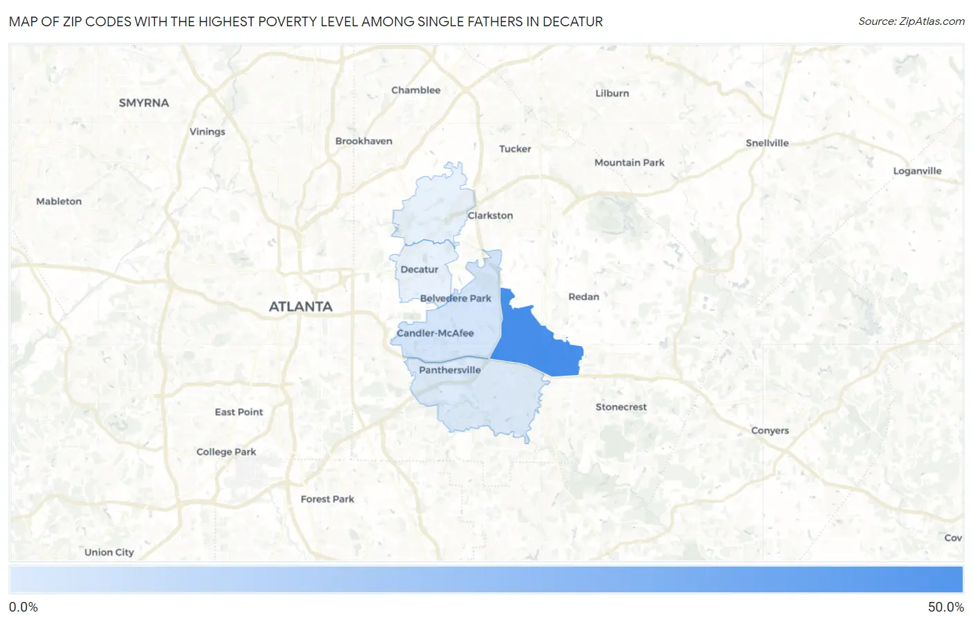 Zip Codes with the Highest Poverty Level Among Single Fathers in Decatur Map