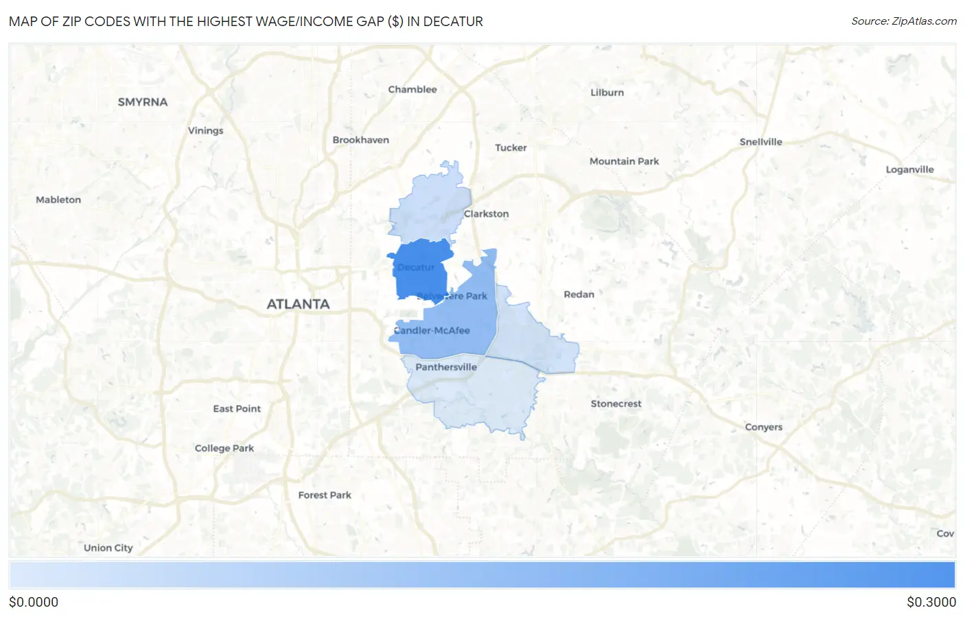 Zip Codes with the Highest Wage/Income Gap ($) in Decatur Map