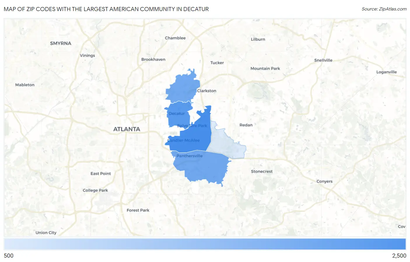 Zip Codes with the Largest American Community in Decatur Map
