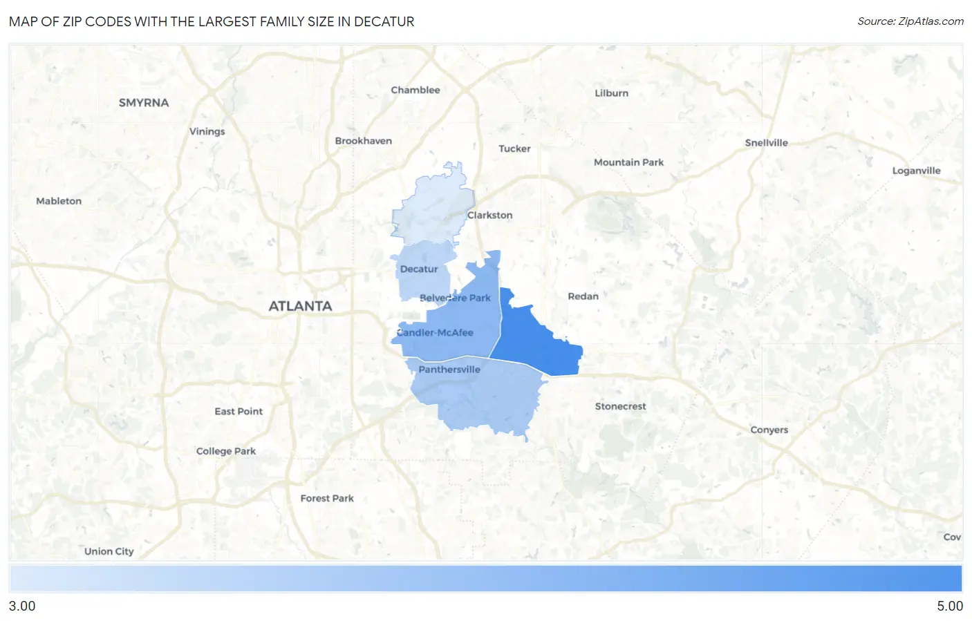 Zip Codes with the Largest Family Size in Decatur Map